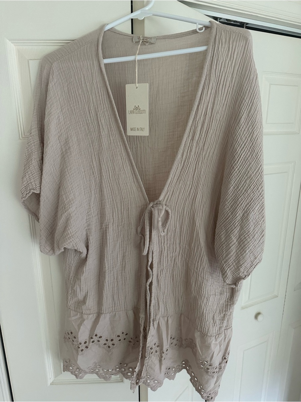 Light Taupe Tie-Front Cotton Tunic with Eyelet Hem